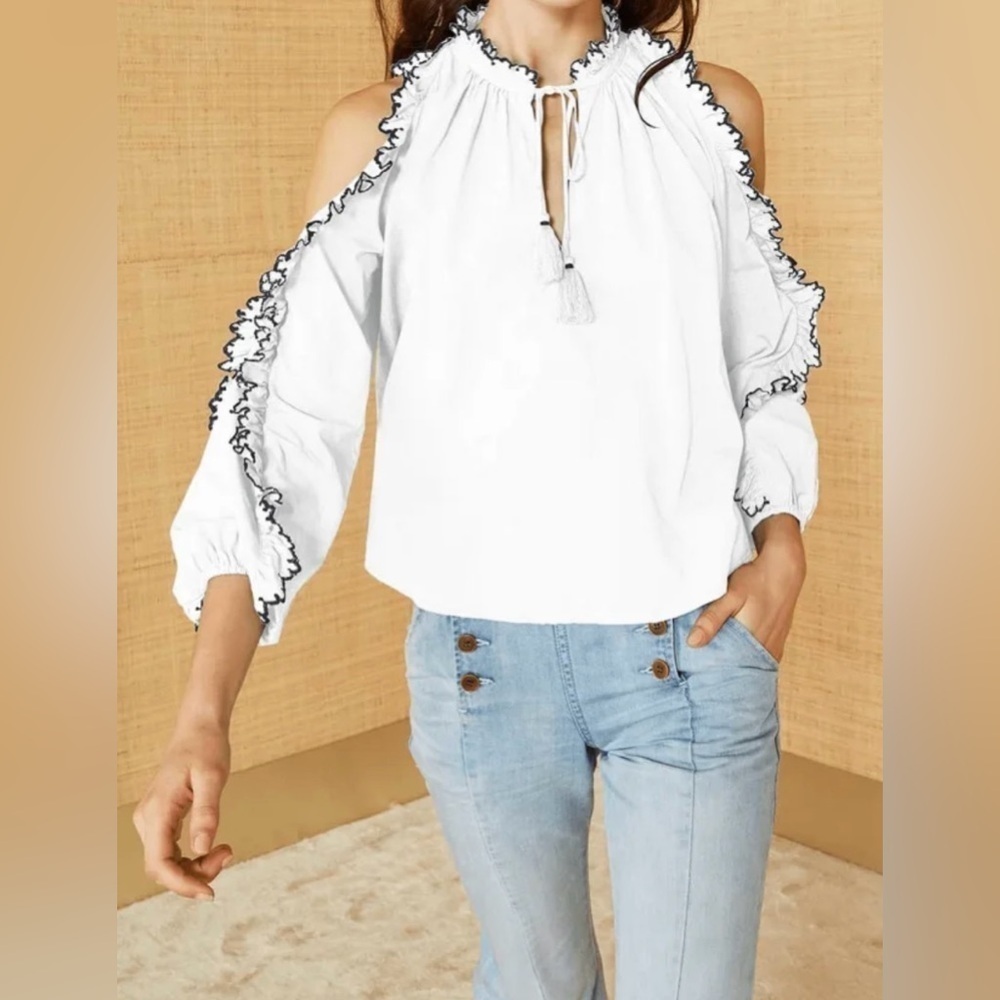 Ulla Johnson Amandine Cold Shoulder Poplin Blouse White Ruffle Peasant Top Boho